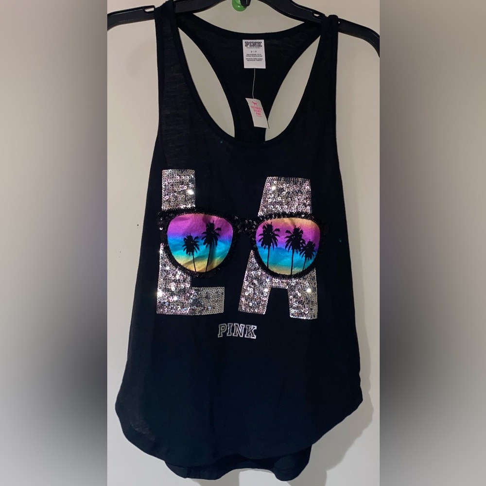 Victoria’s Secret pink destination bling top LA sequin bling tank sunglasses tee